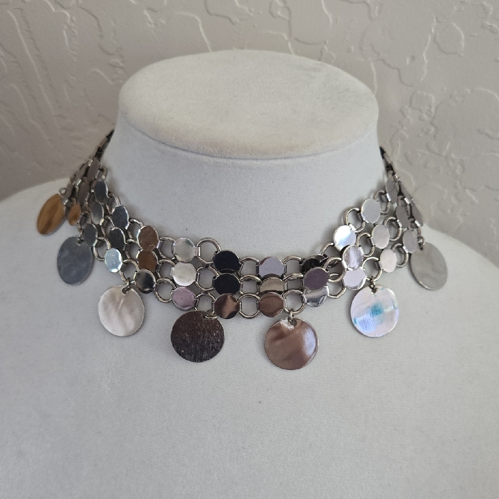 Statement Silver Tone Disk Metal Chocker Necklace - image 1